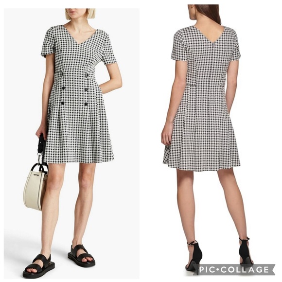 Dkny Dresses & Skirts - DKNY Textured Gingham Print Fit And Flare Dress Black Ivory 14